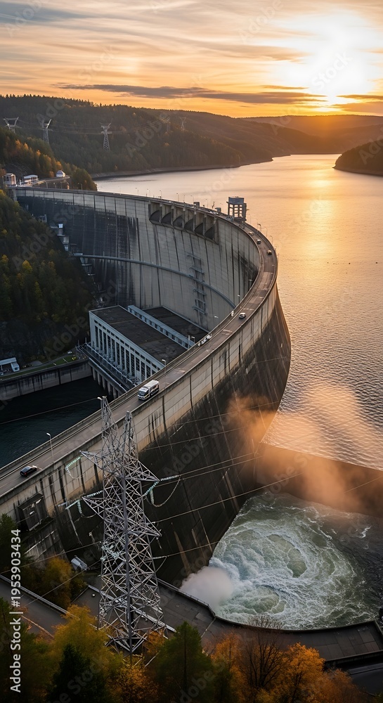 Fototapeta premium Dam in valley at sunset.