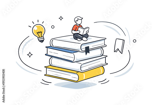 Knowledge collection idea. Several clean geometric books stacked in balanced layout, small lightbulb and