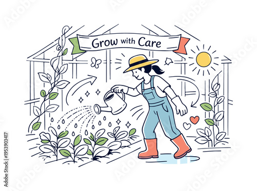 Gardener's Greenhouse Oasis. Watering Greenhouse Plants. A gardener inside a bright glass greenhouse gently