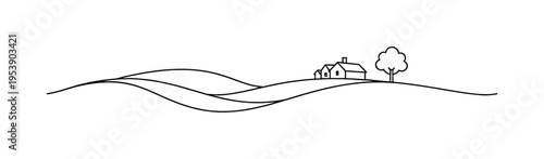 "Countryside Landscape". Minimalistic one-line drawing rolling hills with small farmhouse and single tree