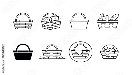 "Garden Picnic Set". Minimalistic set one-line drawing woven basket outline, basket with rolled blanket inside