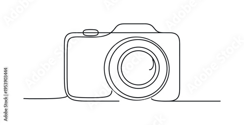 "Photography Icon". Minimalistic one-line drawing compact camera shape with smooth rectangular body and lens