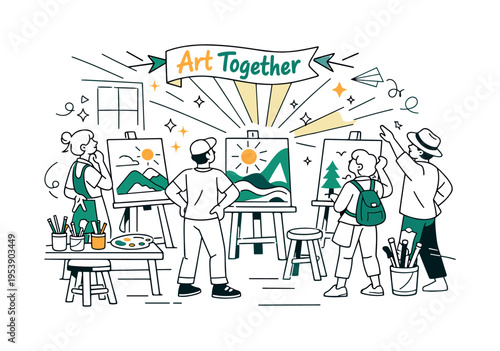 Creative Studio Gathering. A cozy art workshop interior with easels, stools, and jars of brushes neatly