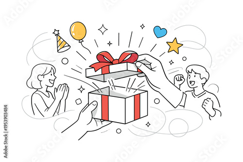Celebration unboxing scene. Hands gently opening a ribboned gift box, dynamic motion lines suggesting movement