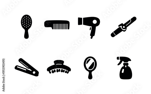 Hair Styling. Filled icon set of Hair Styling: hairbrush, comb, hair dryer, curling iron, straightener, hair