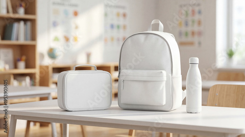 Backpack and Lunch Box Mockup on a Table in a Bright Classroom