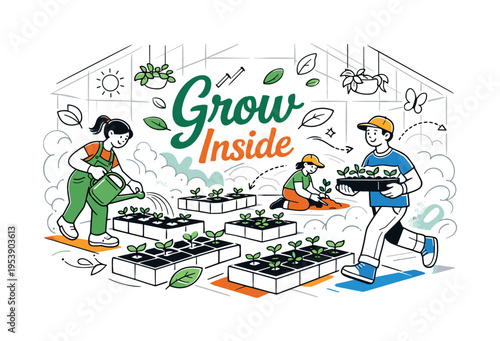 Spring Plant Nursery. A spacious greenhouse interior with potted seedlings arranged in geometric patterns,