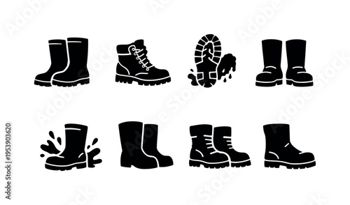 Country work boots line art set. Filled icon set of Country work boots line art set: rubber wellington boots,