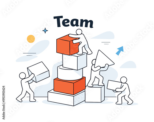 Building success together. A group of simple figures stacking large geometric blocks upward, one block