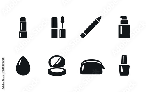 Minimal Cosmetic Set. Filled icon set of Minimal Cosmetic Set: lip balm tube, mascara, eyeliner pencil,