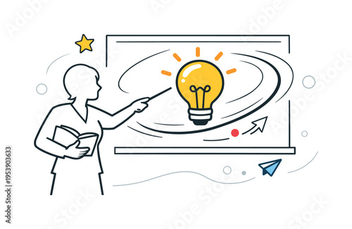 Teaching Concept Illustration. Explaining lesson concept. A clean teacher silhouette pointing to a bold
