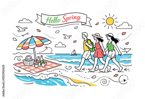 Spring Beach. A bright sandy beach with gentle waves rolling in, friends walking barefoot along the shore