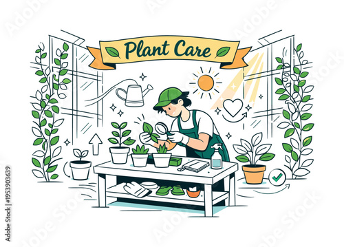 Modern Greenhouse Scene. A clean interior view with tall glass frames, climbing plants along the walls, and a