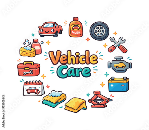 Vehicle Care. Hand drawn illustration of Vehicle Care. car, sponge and soap, polish bottle, tire, wrench,