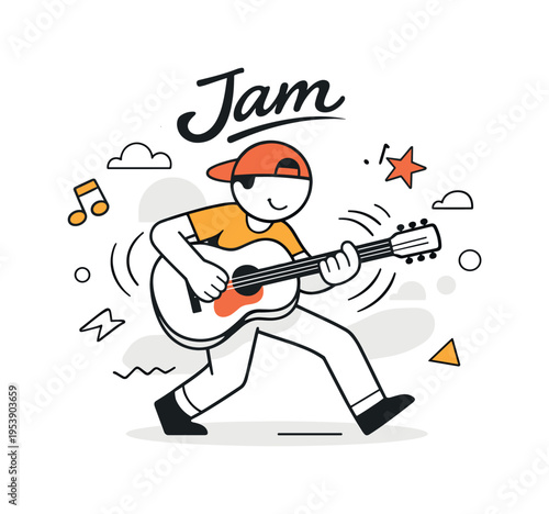 Playing guitar scene. A minimal character holding a stylized guitar, strumming with curved motion lines