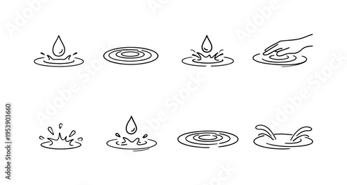 "Rain Water Icons". Minimalistic set one-line drawing splash from falling raindrop, puddle with concentric