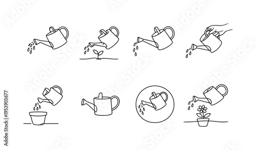 "Watering Can Pouring Water". Minimalistic set one-line drawing watering can with flowing water drops, side
