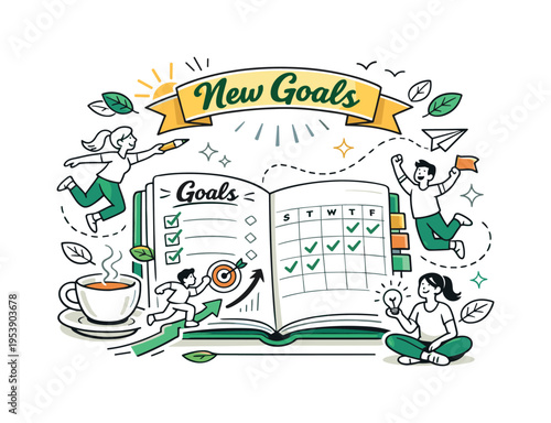 Fresh Start Planning Desk. An open calendar marked with goals and checkmarks, colorful tabs sticking out while