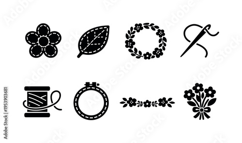 Floral Stitching. Filled icon set of Floral Stitching: stitched flower, stitched leaf, stitched wreath,