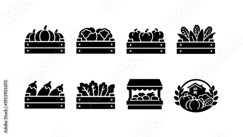 Farmers market produce outline set. Filled icon set of Farmers market produce outline set: wooden box with