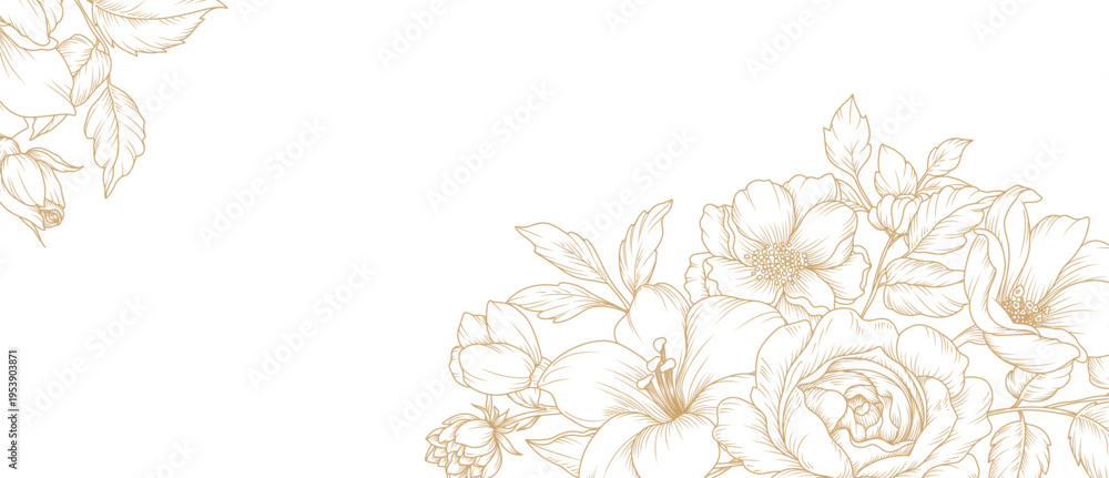 Obraz premium Luxury floral line art background with golden hand drawn flowers. Vector design with a bouquet of flowers, branches, leaves for card, business card, flyer, banner, wedding invitation, cover, wallpaper