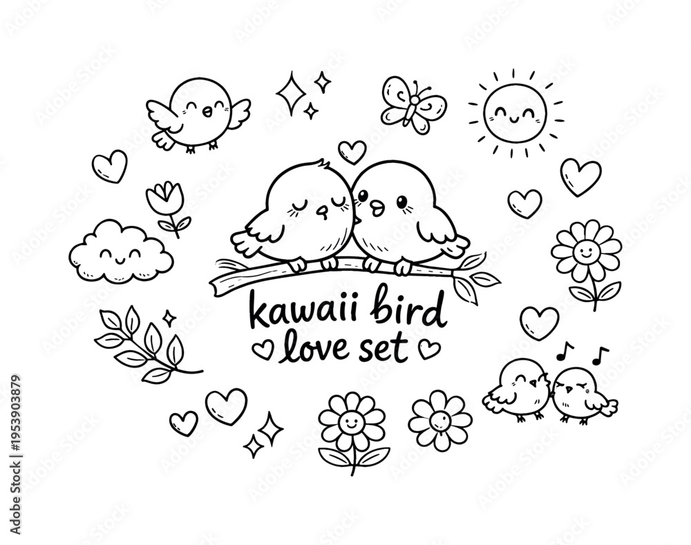 Fototapeta premium kawaii bird love set. Hand-drawn doodle illustration of kawaii bird love set. In the middle, one slightly