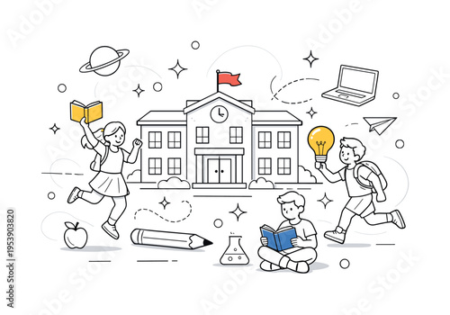 School building education concept. A clean geometric school building with symmetrical windows, central