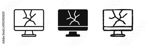 Broken computer monitor icon, cracked screen, technical error, device damage, electronic repair vector illustration.