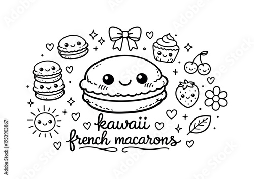 kawaii french macarons. Hand-drawn doodle illustration of kawaii french macarons. In the middle, one slightly