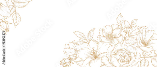 Luxury floral line art background with golden hand drawn flowers. Vector design with a bouquet of flowers, branches, leaves for card, business card, flyer, banner, wedding invitation, cover, wallpaper