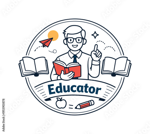 Education badge design. A clean circular emblem with a centered teacher icon and simple book accents arranged