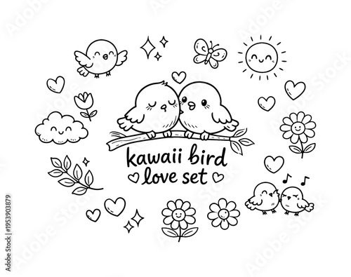 kawaii bird love set. Hand-drawn doodle illustration of kawaii bird love set. In the middle, one slightly