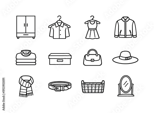 Spring Closet Symbols. spring closet organization outline set. Line outline icon set of spring closet