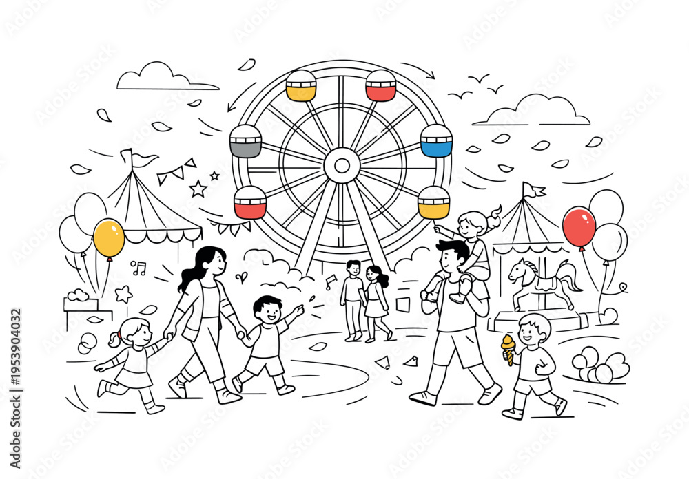 Fototapeta premium Ferris Wheel Carnival. A bright spring carnival scene with a large Ferris wheel turning gently, colorful tents