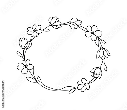 "Blooming Flower Circle". Minimalistic one-line drawing crown of connected flowers and stems forming gentle