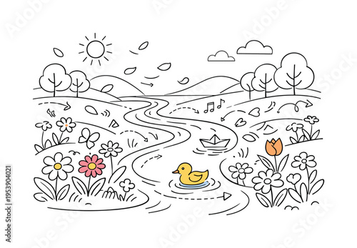 River and Flowers. A gentle river winding through a spring meadow, lined with blooming flowers and soft green
