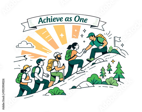 Team Building in Nature. A group hiking up a gentle hill together, one person offering a hand to help another