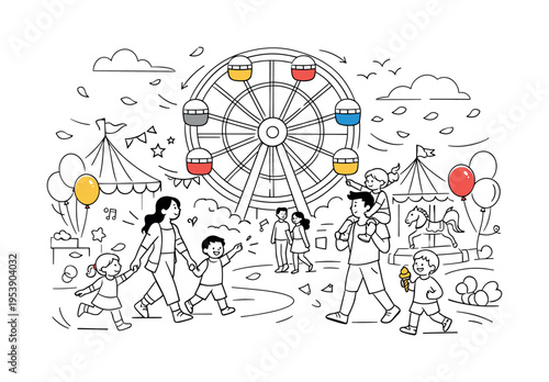 Ferris Wheel Carnival. A bright spring carnival scene with a large Ferris wheel turning gently, colorful tents