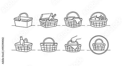 "Picnic Basket". Minimalistic set one-line drawing closed picnic basket, open basket with lid, basket with