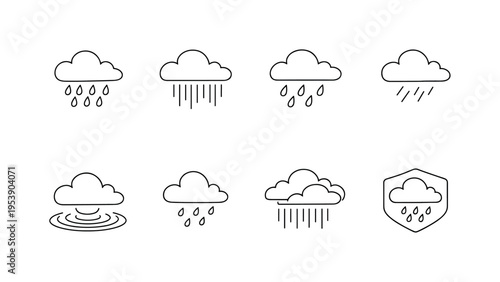"Spring Rain Icons". Minimalistic set one-line drawing rain cloud with multiple drops, simple cloud and