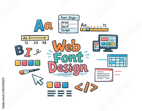 Web Font Design. Hand drawn illustration of Web Font Design. uppercase letter A, lowercase letter a, font