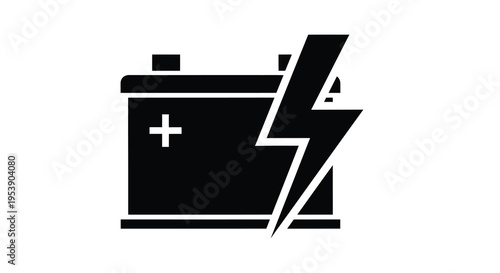 A simple black silhouette depicts a car battery being struck by a lightning bolt
