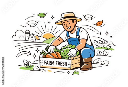 Farmer Harvesting Vegetables. A smiling farmer kneeling in neat garden rows, placing freshly picked carrots