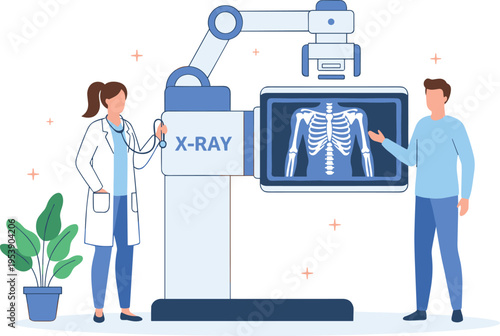 A professional doctor reviewing a chest x-ray image with a male patient in a modern medical clinic Vector, illustration