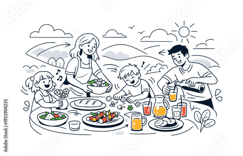 Outdoor Spring Feast. A family setting the table with colorful dishes and drinks, children laughing and