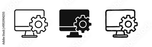 Computer settings icon with gear, system configuration, technical support, update, preferences vector illustration.