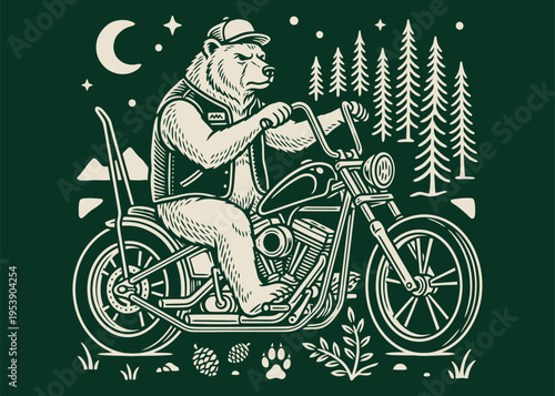 Vintage style illustration of a bear riding a custom motorcycle through a forest at night