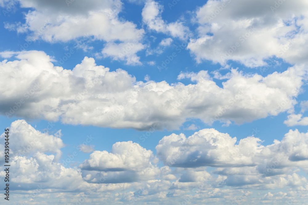 Fototapeta premium Blue cloudy sky. Beautiful blue sky with many white fluffy cumulus clouds in sunlight background texture