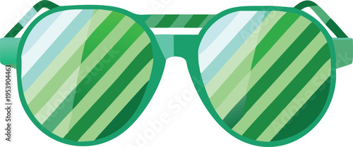 Stylized green sunglasses with diagonal striped lenses are displayed