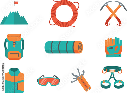 A collection of colorful flat design icons representing essential mountaineering and hiking gear Vector, illustration